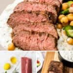 Pinterest image with photos of Marinated Lamb Backstrap.
