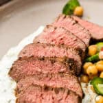 Pinterest image with photo of Marinated Lamb Backstrap.
