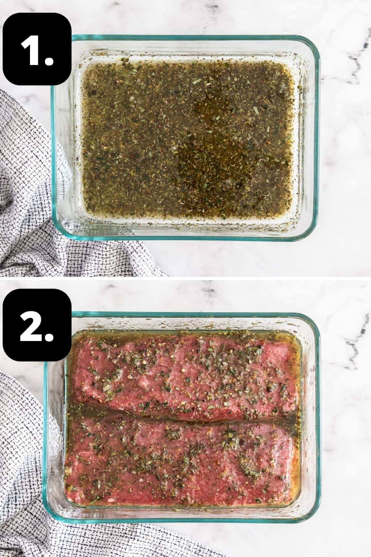 Steps 1-2 of preparing this recipe: the marinade for the lamb in a glass dish, and two lamb backstraps in the marinade.
