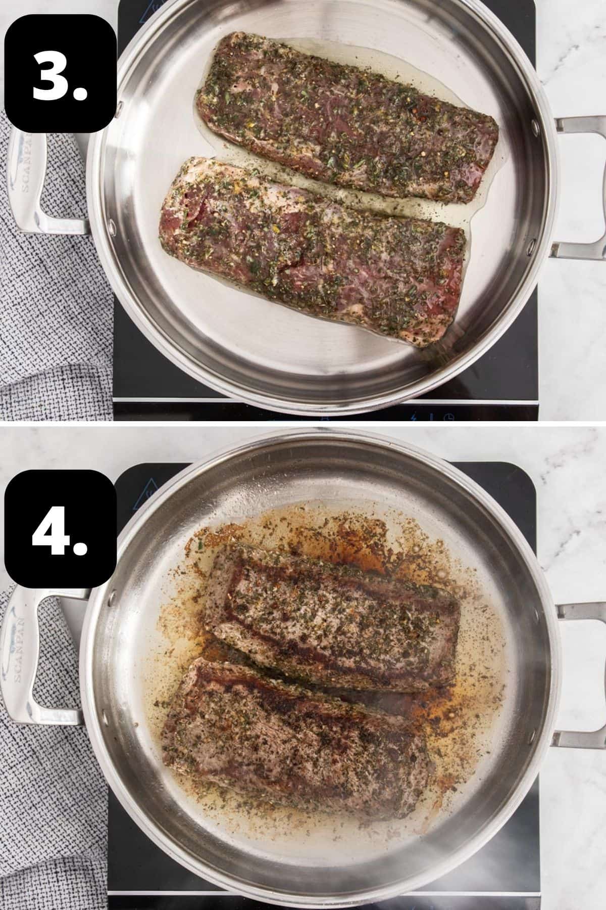 Steps 3-4 of preparing this recipe: cooking the lamb in a large frying pan, and the cooked lamb, ready to be removed to rest.