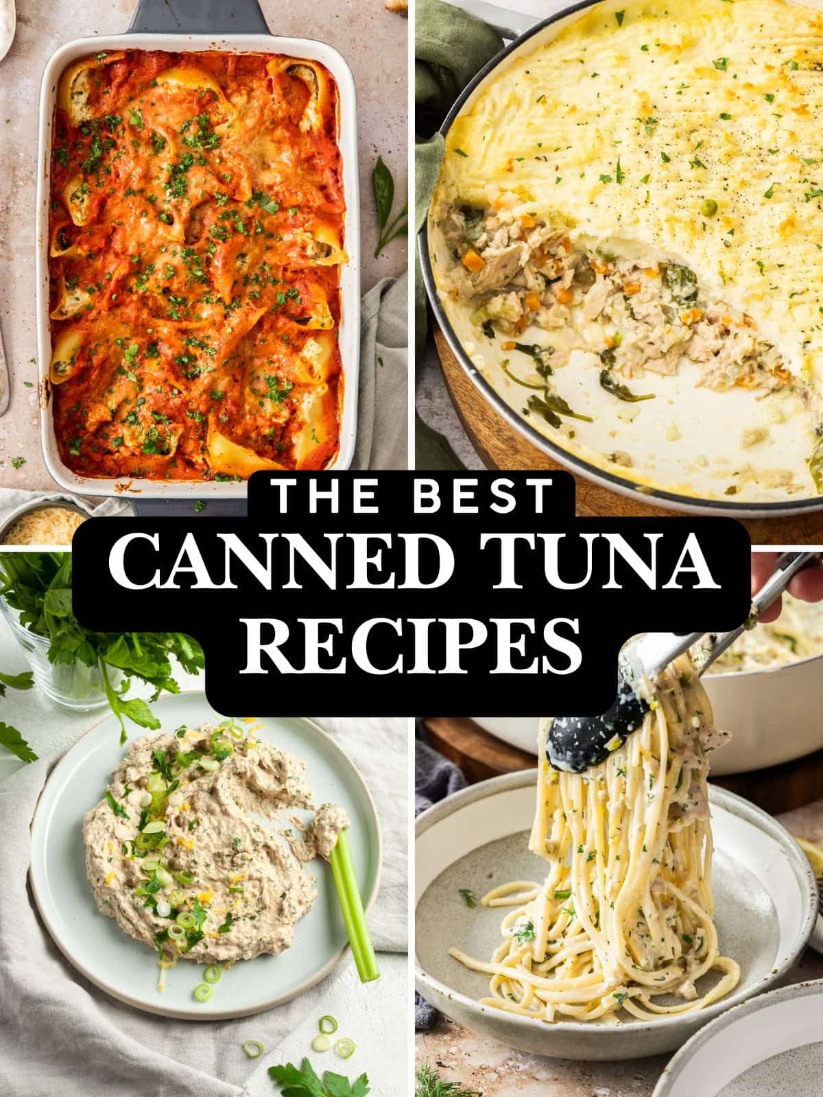 Photo collage of four canned tunas recipes - baked pasta shells, pie, dip and creamy pasta.