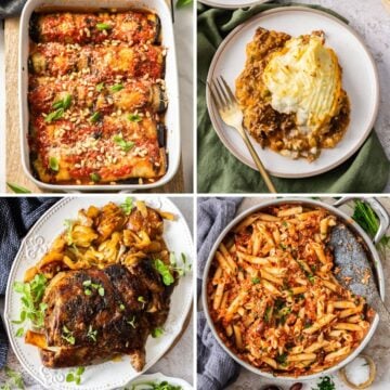 Photo collage of four comfort food dishes: eggplant involtini, cottage pie, roast lamb and tuna pasta.
