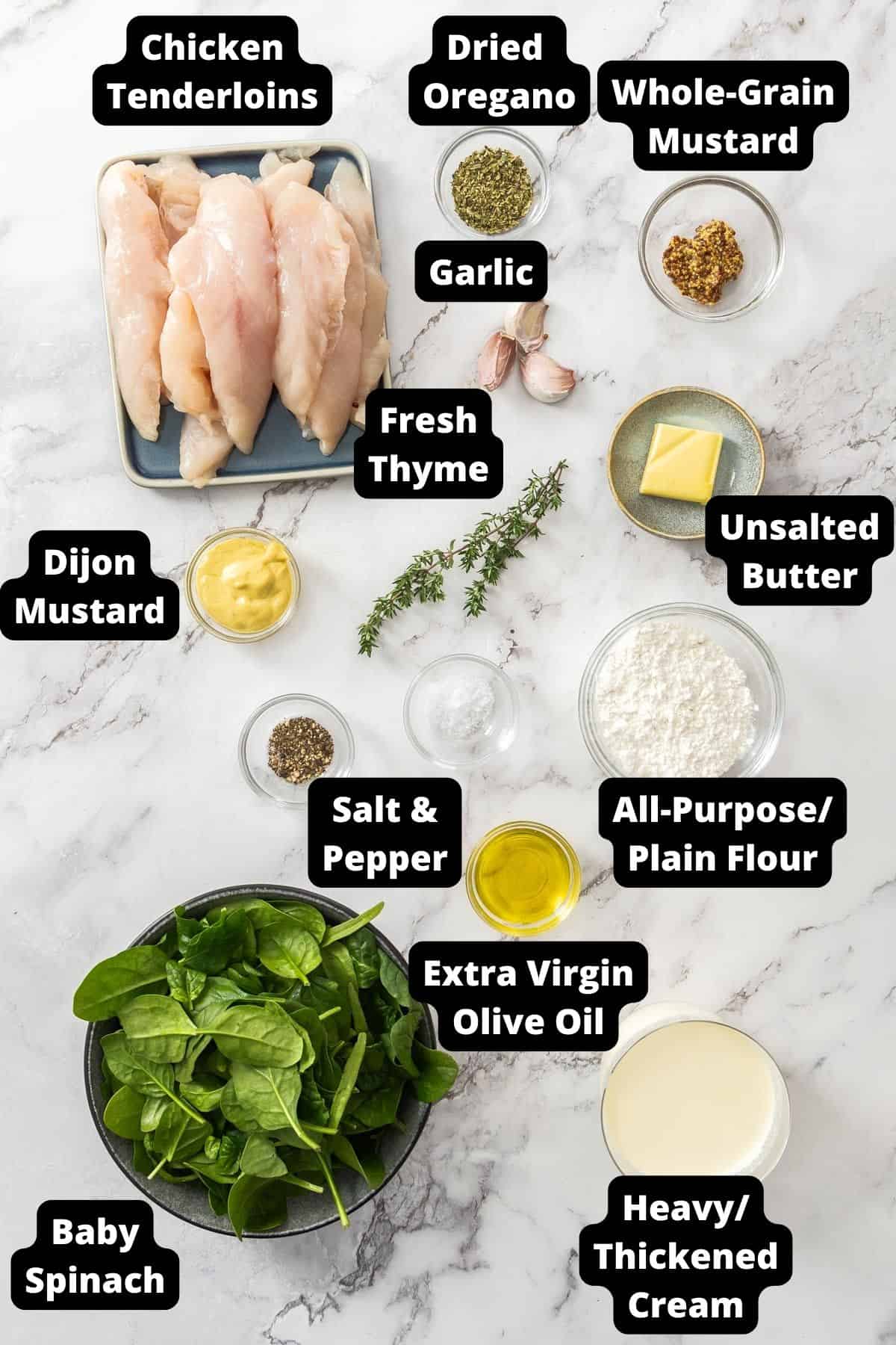 Ingredients in this recipe on a white marble background.