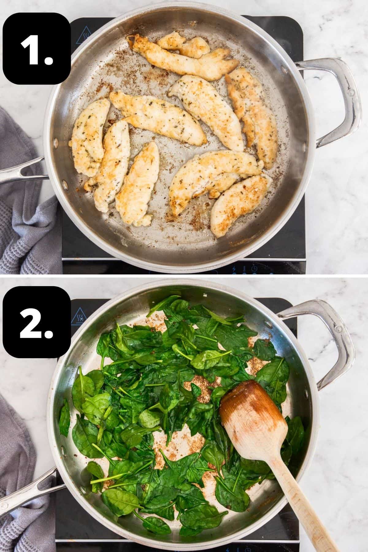 Steps 1-2 of preparing this recipe: sautéing chicken in a frying pan and wilting spinach in the pan once chicken is removed.