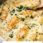 Pinterest image with photo of Creamy Mustard and Spinach Chicken.