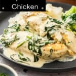 Pinterest image with photo of Creamy Mustard and Spinach Chicken.