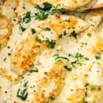 Pinterest image with photo of Creamy Mustard and Spinach Chicken.