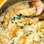 Pinterest image with photo of Creamy Mustard and Spinach Chicken.