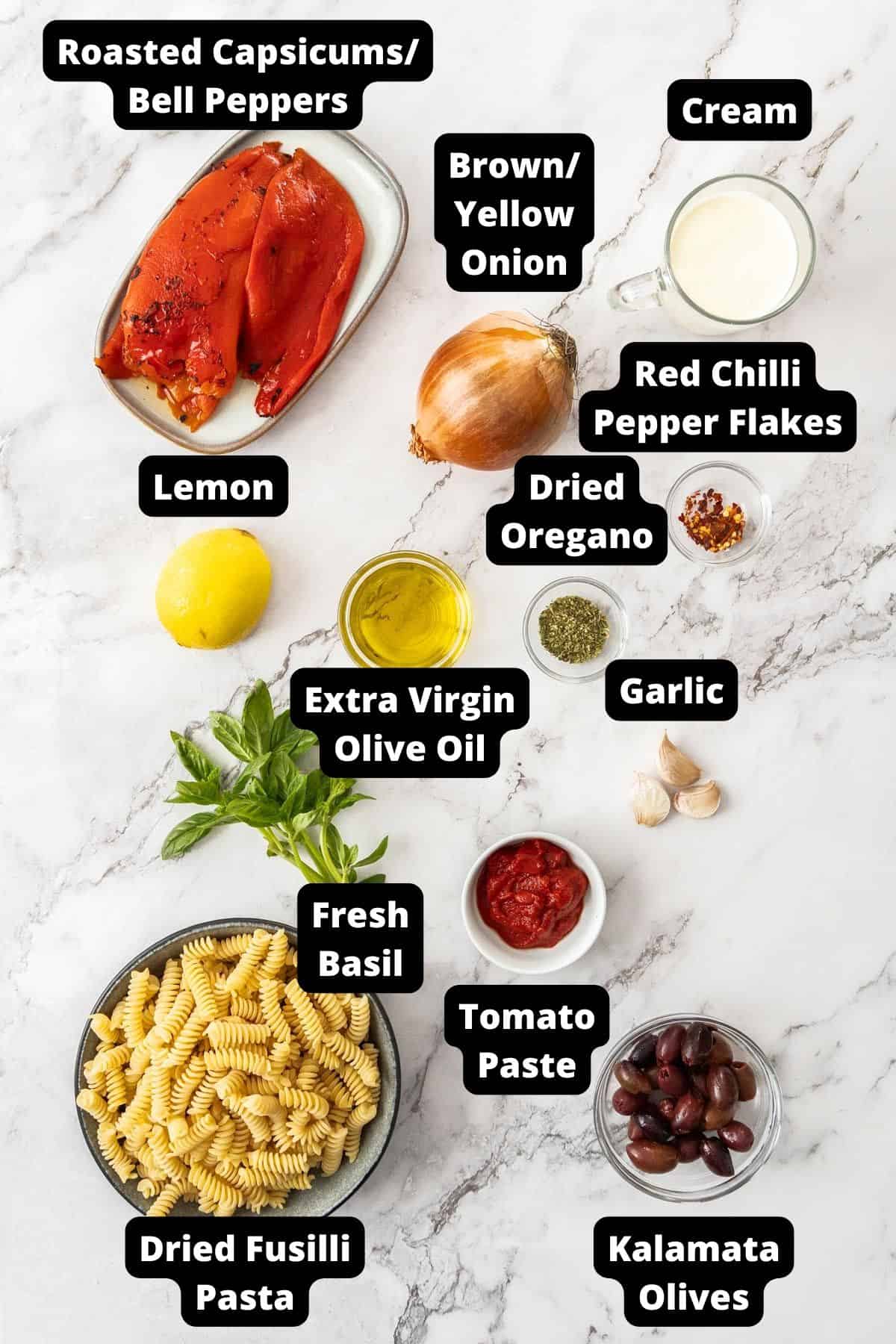 Ingredients in this recipe on a white marble background.