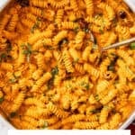 Pinterest image with photo of Creamy Roasted Red Pepper Pasta.