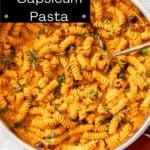 Pinterest image with photo of Creamy Roasted Red Pepper Pasta.