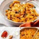 Pinterest image with photos of Creamy Roasted Red Pepper Pasta.