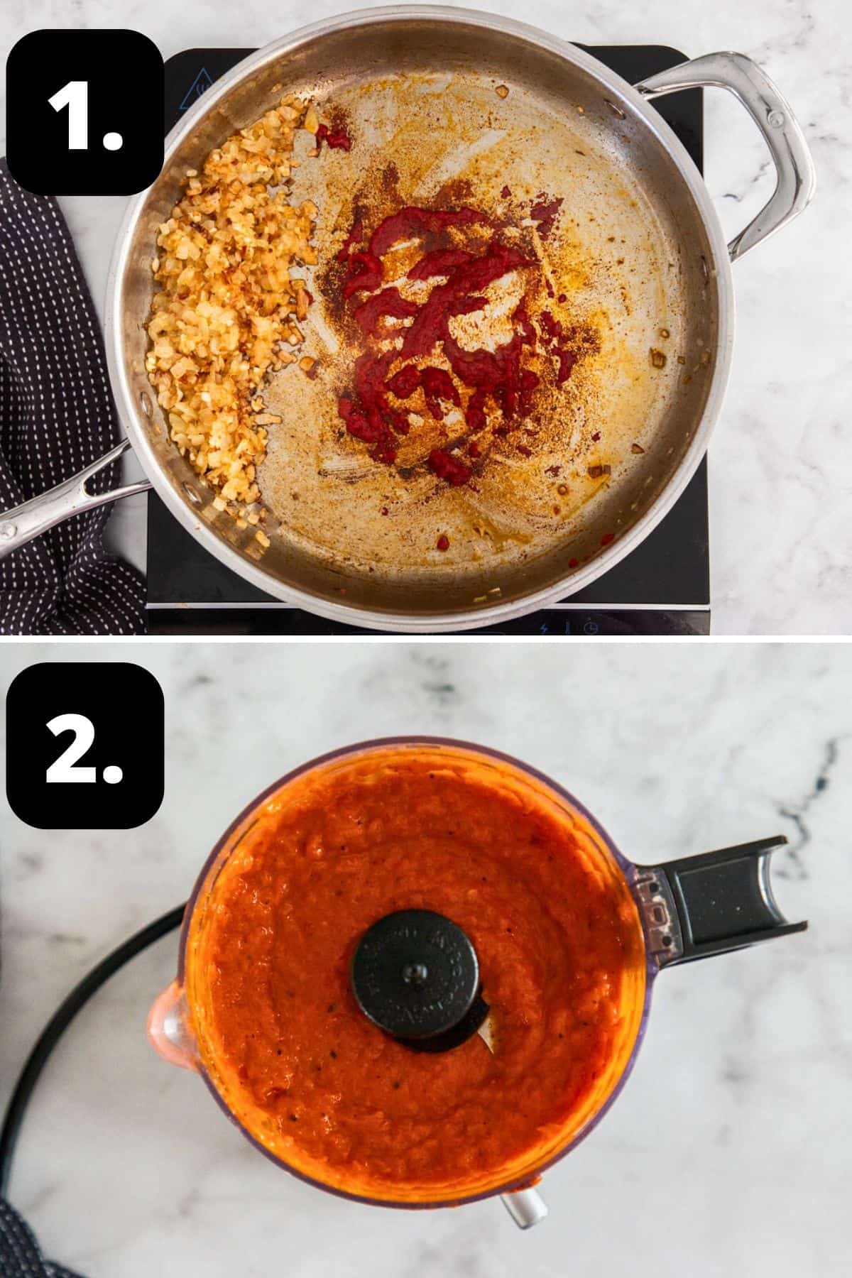 Steps 1-2 of preparing this recipe: cooking onion and tomato paste in a frying pan and blending the mixture with the peppers.