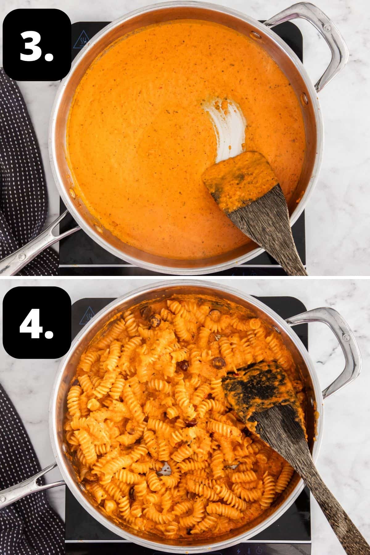Steps 3-4 of preparing this recipe: the sauce with the cream added in the frying pan and stirring the pasta into the sauce.