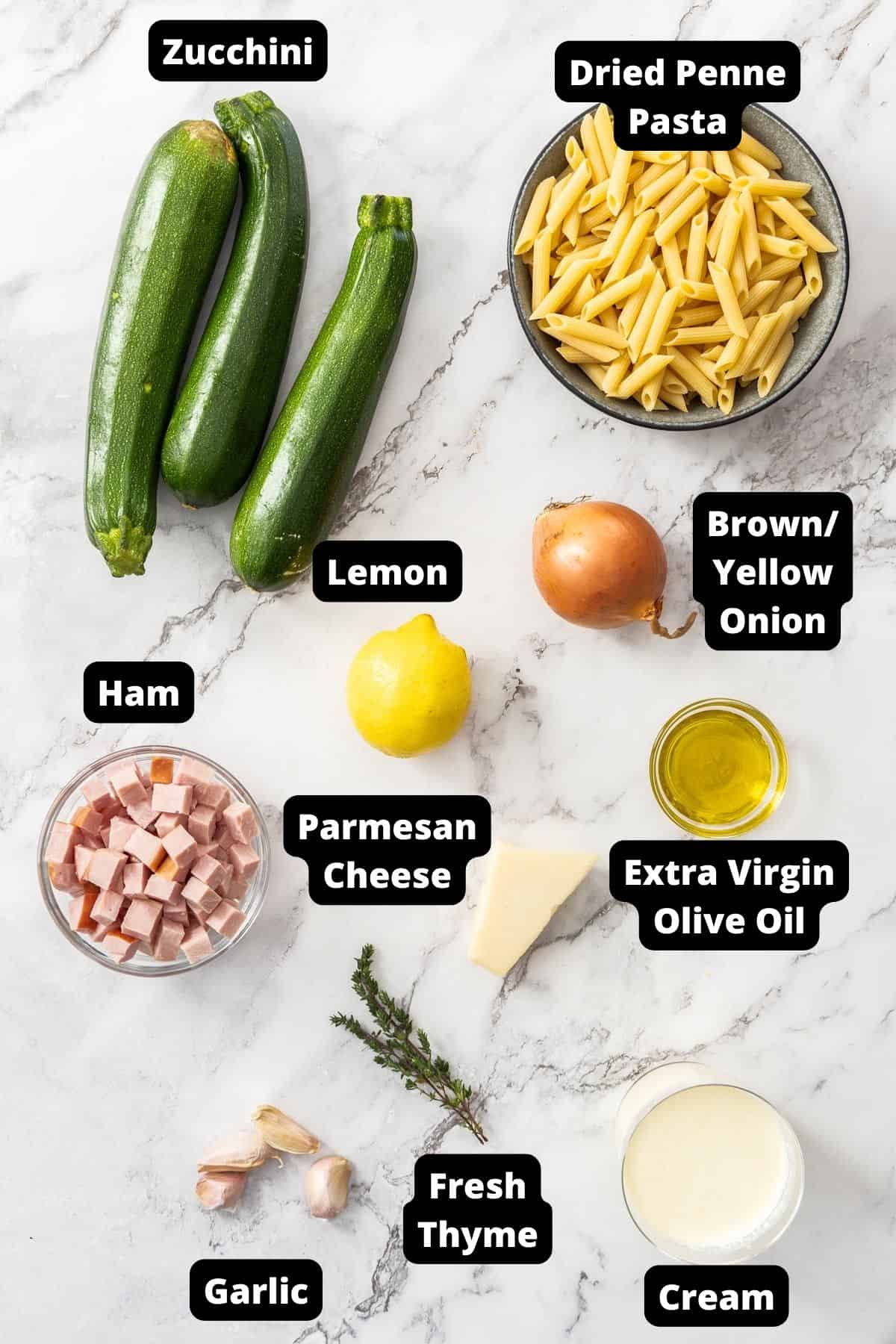 Ingredients in this recipe on a white marble background.