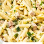 Pinterest image with photo of Creamy Zucchini and Ham Pasta.