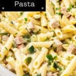 Pinterest image with photo of Creamy Zucchini and Ham Pasta.