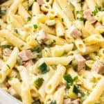 Pinterest image with photo of Creamy Zucchini and Ham Pasta.