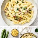 Pinterest image with photos of Creamy Zucchini and Ham Pasta.