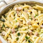 Pinterest image with photo of Creamy Zucchini and Ham Pasta.
