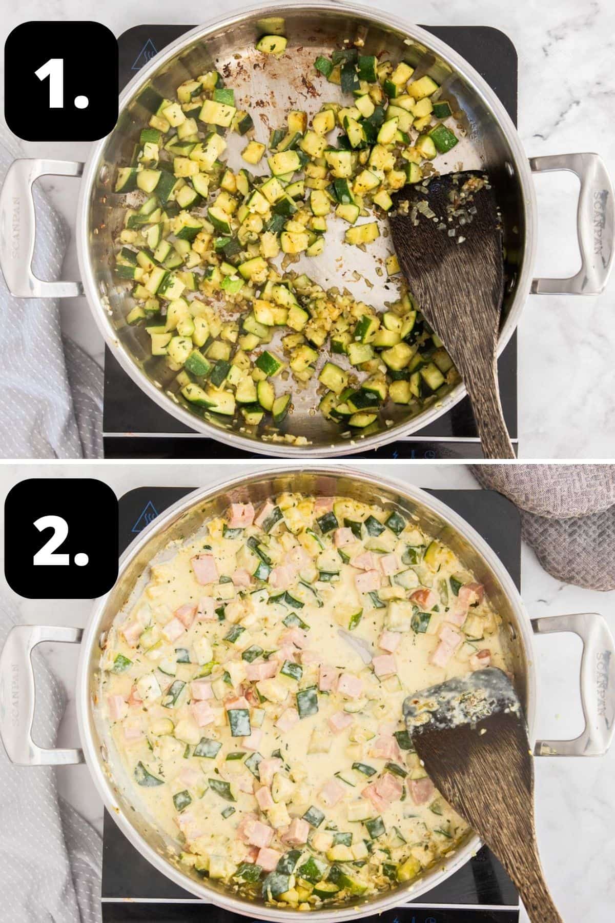 Steps 1-2 of preparing this recipe: sautéing zucchini in a frying pan and bringing the sauce together with the ham and cream.