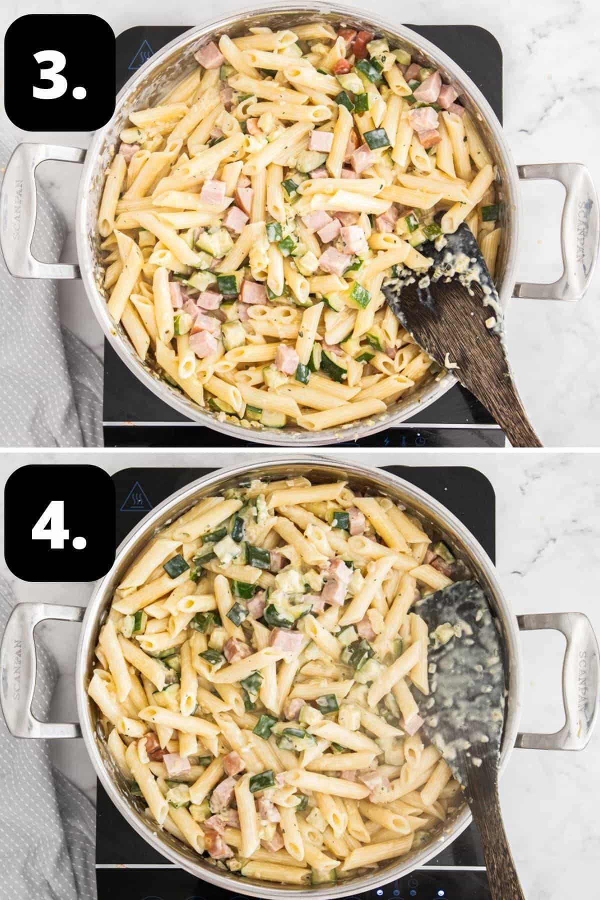Steps 3-4 of preparing this recipe: the pasta in with the sauce and mixed through with pasta water, ready to serve.