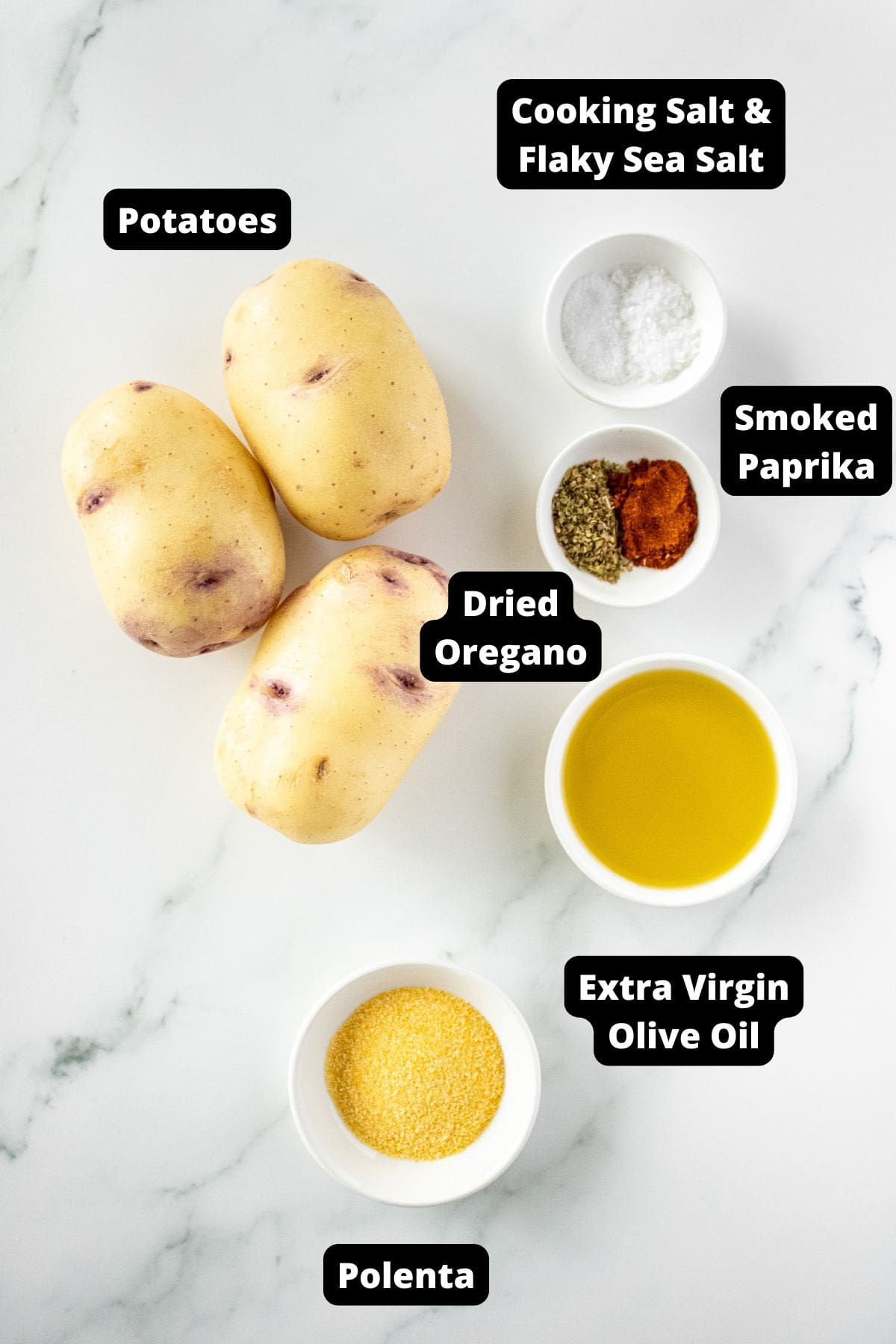 Ingredients in this recipe on a white marble background.