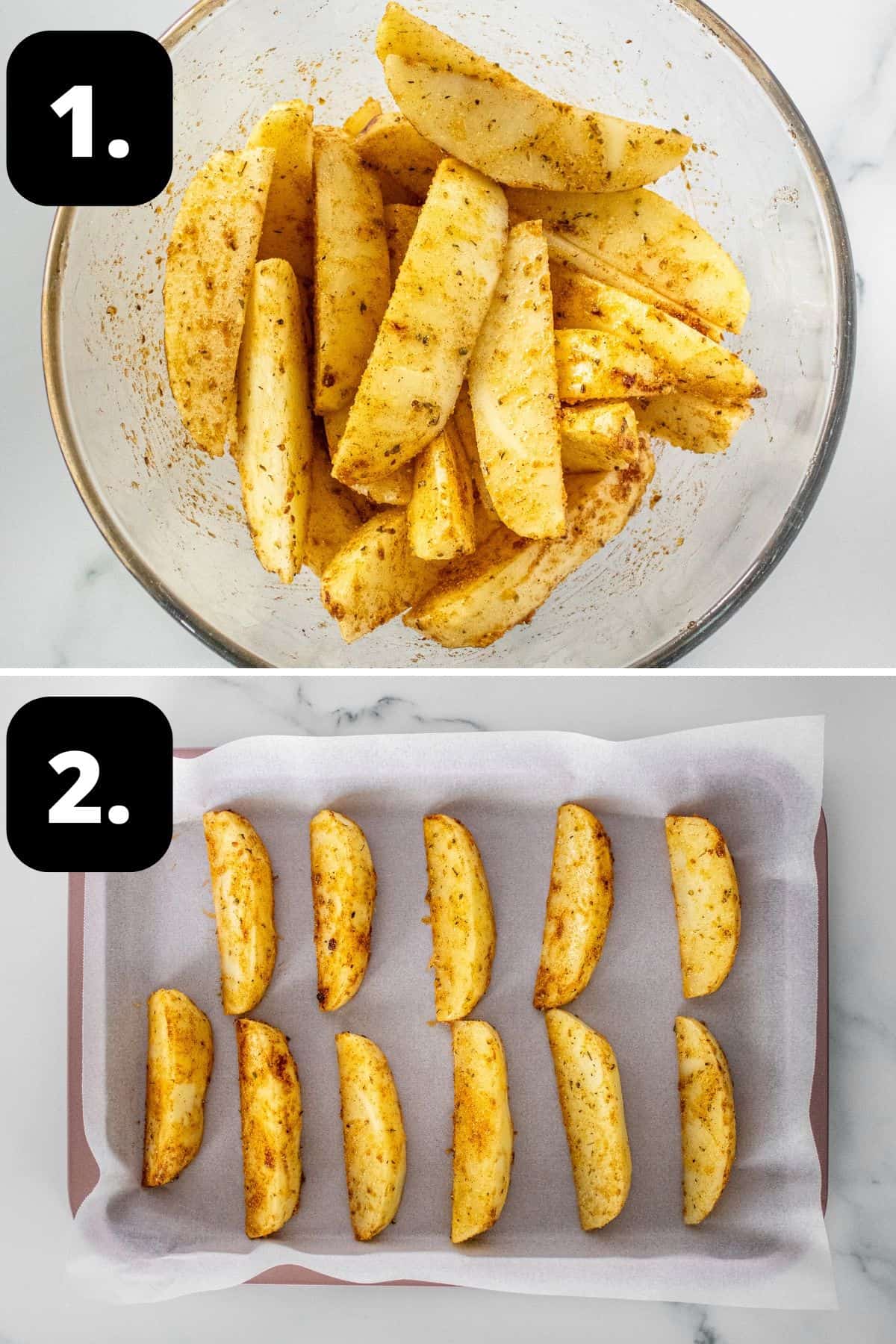 Steps 1-2 of preparing this recipe: the wedges in a large glass bowl and the wedges on a baking tray, ready for the oven.