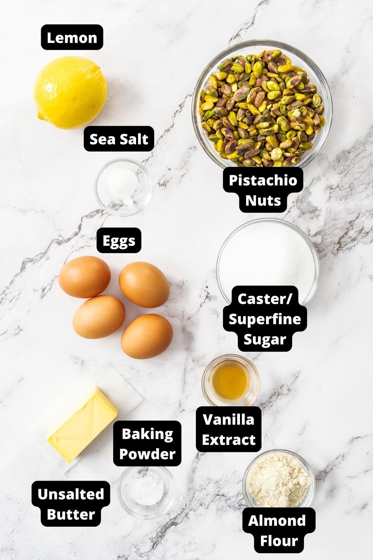 Ingredients in this recipe on a white marble background.