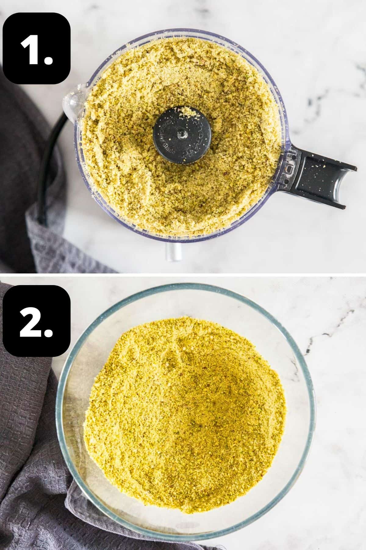 Steps 1-2 of preparing this recipe: grinding the nuts and sugar in a food processor and the mixture in a large bowl.