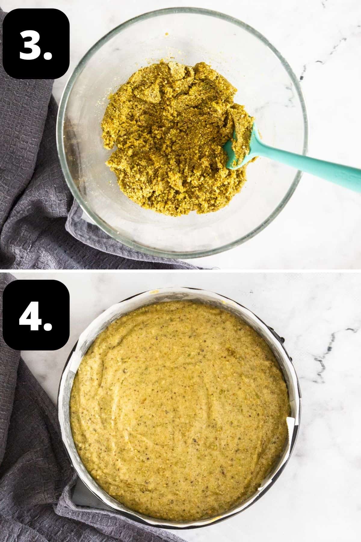 Steps 3-4 for preparing this recipe: ingredients (minus egg whites) combined in the bowl and the complete batter in cake tin.