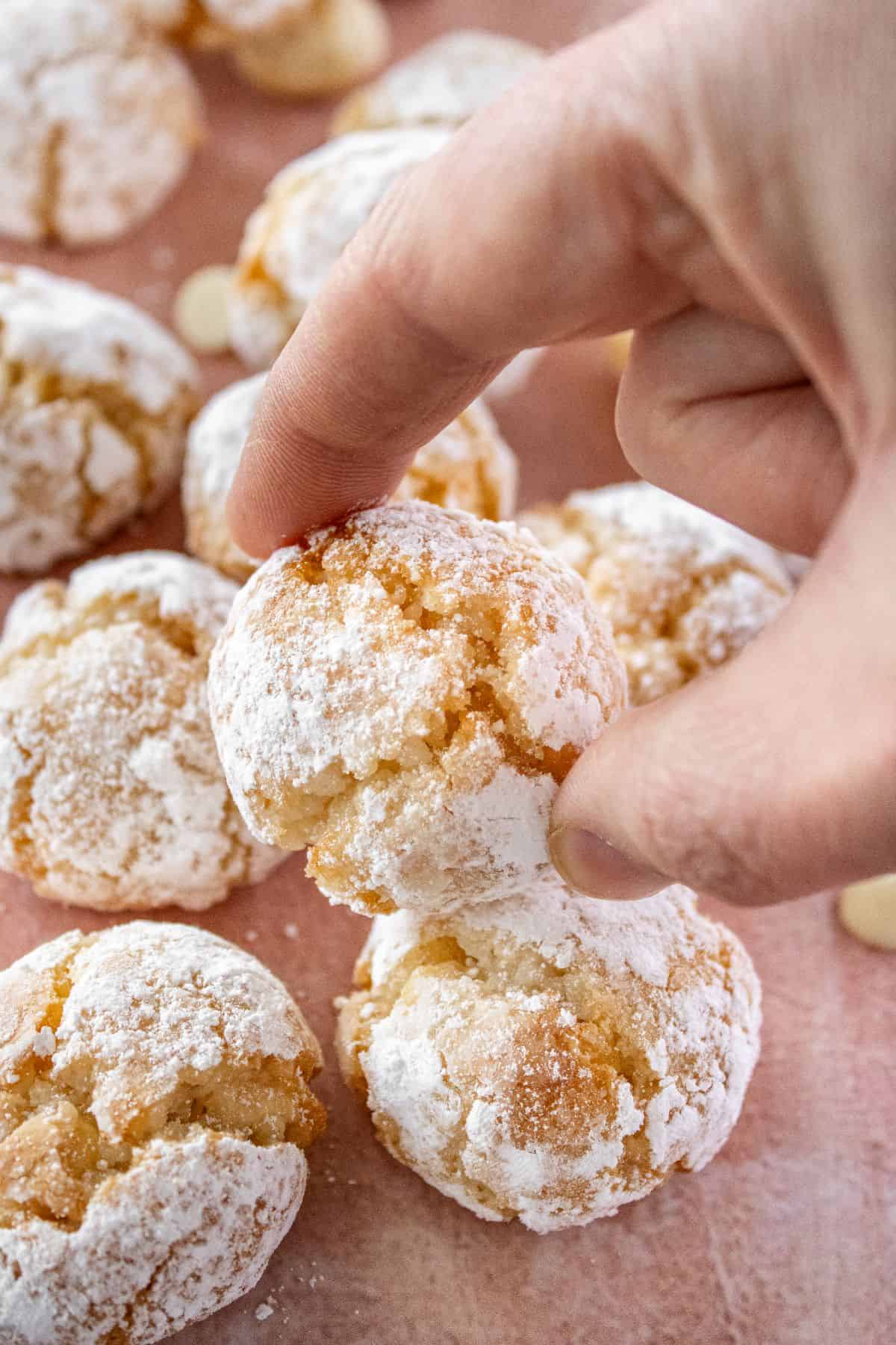 Hand picking up a Gluten-Free Macadamia Cookie.