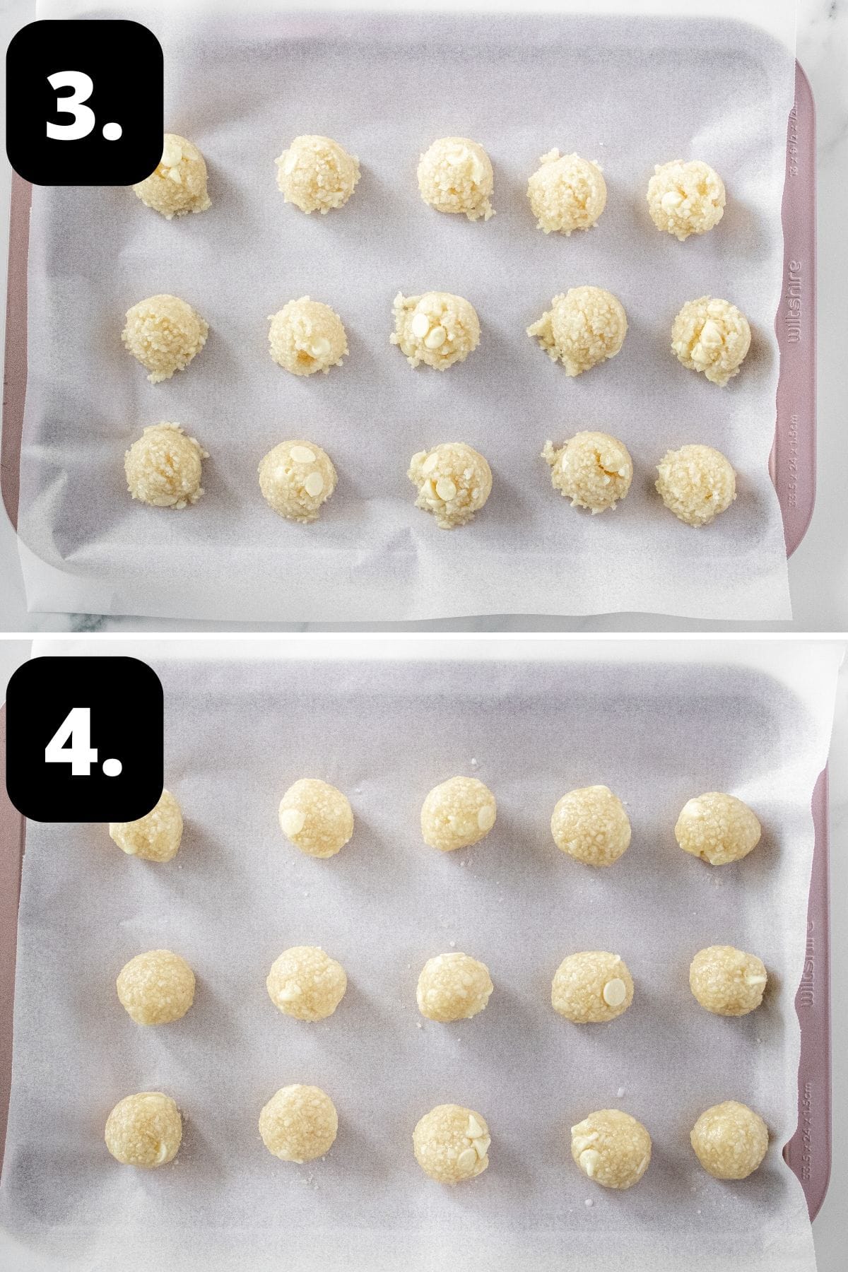 Steps 3-4 of preparing this recipe: scoops of cookie dough on a tray and the dough rolled into small balls.