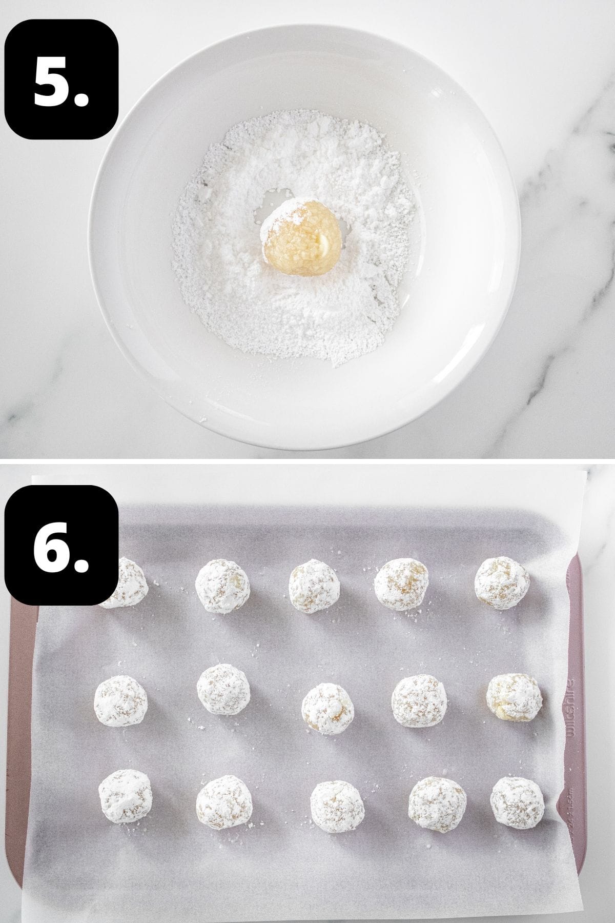 Steps 5-6 of preparing this recipe: rolling the cookie balls in powdered sugar and the cookies on a tray ready for the oven.
