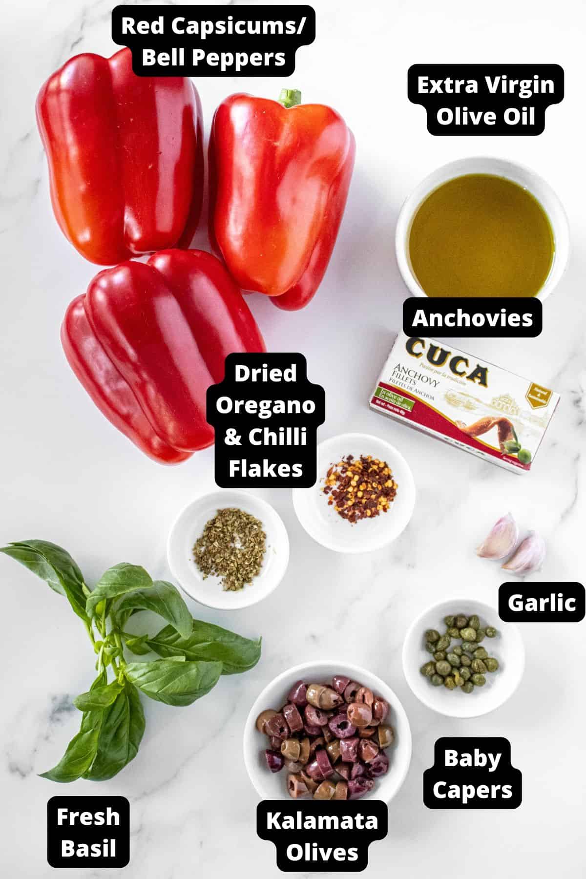 Ingredients in this recipe on a white marble background.