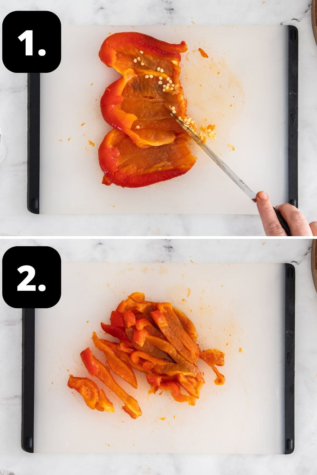 Steps 1-2 of preparing this recipe: cleaning the roasted capsicums of their seeds and cutting into strips.