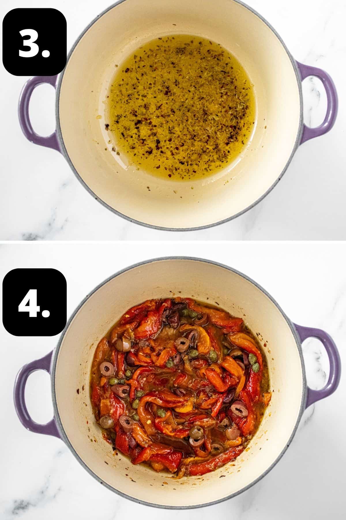 Steps 3-4 of preparing this recipe: making the marinade in the saucepan and the capsicums and other ingredients in the marinade.