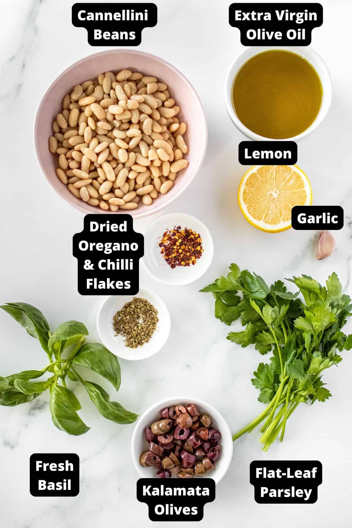 Ingredients in this recipe on a white marble background.