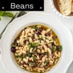 Pinterest image with photo of Marinated White Beans.