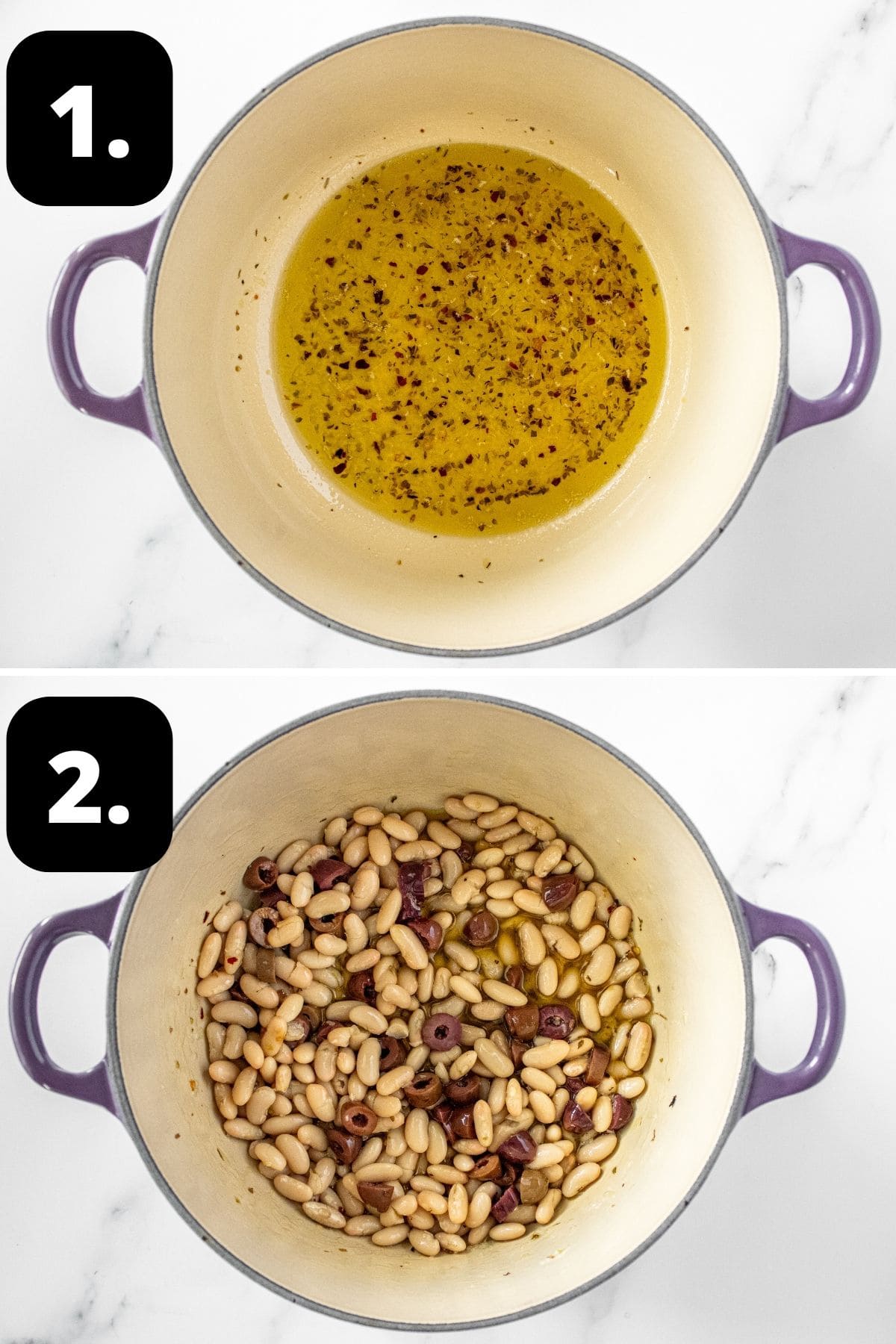 Steps 1-2 of preparing this recipe: making the marinade in a saucepan and adding the beans and olives to the marinade.