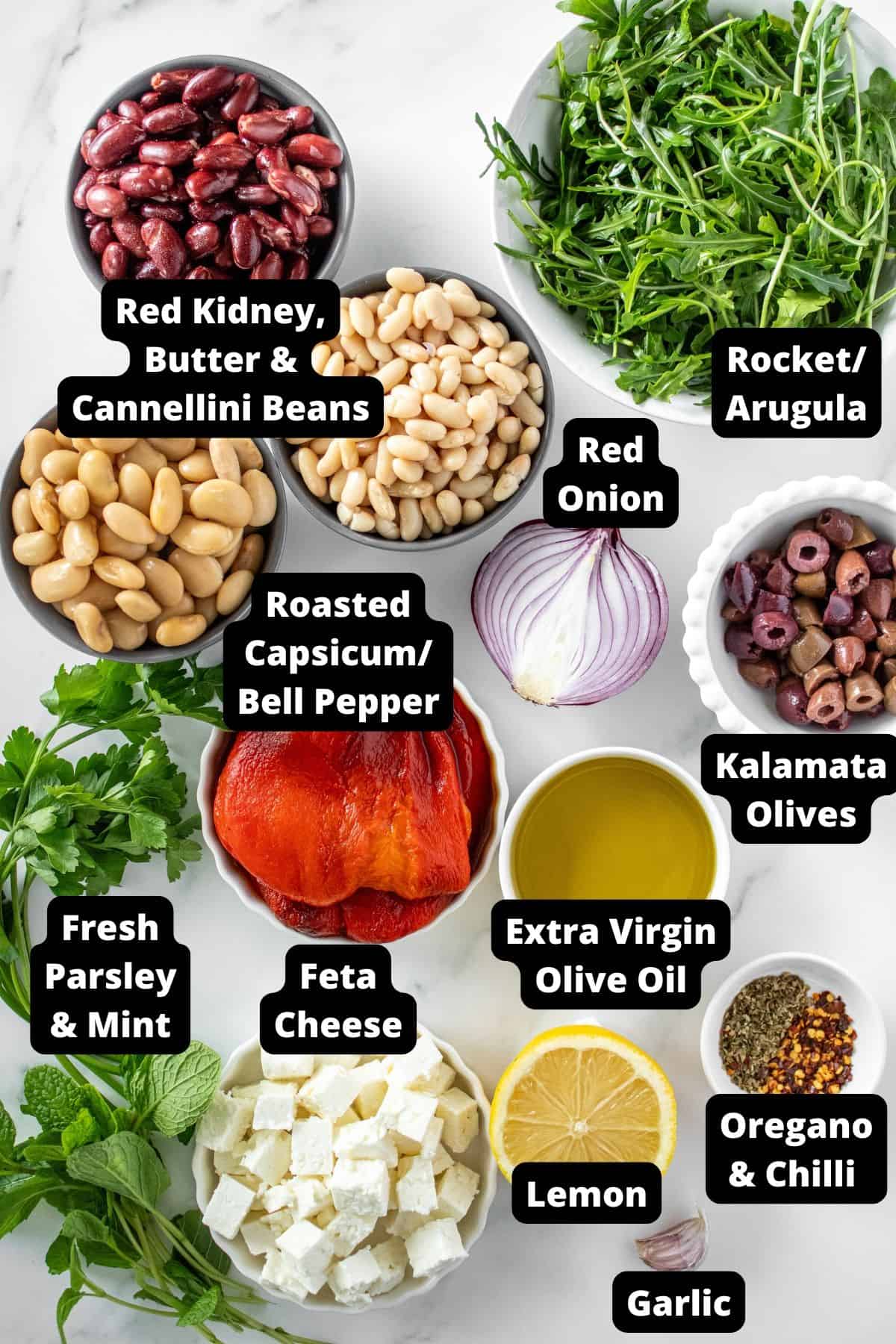 Ingredients in this recipe on a white marble background.