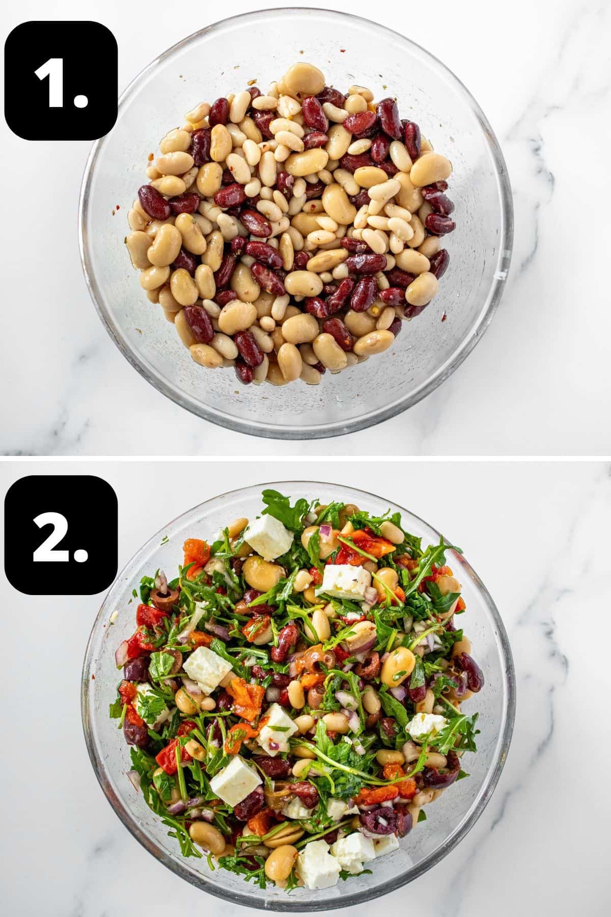 Steps 1-2 of preparing this recipe: the beans marinating in a large bowl and the remaining ingredients added to the bowl.