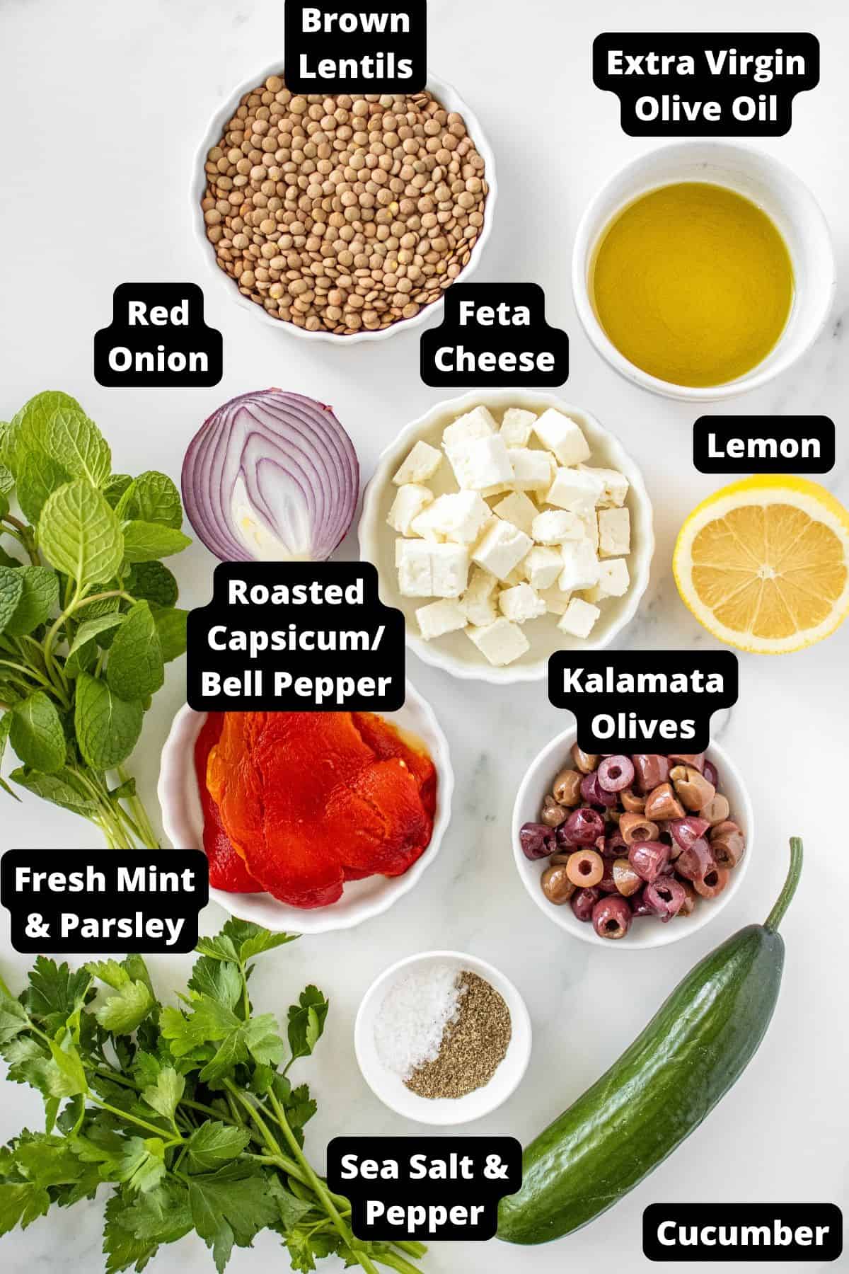 Ingredients in this recipe on a white marble background.