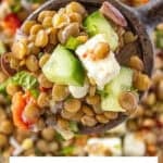 Pinterest image with photo of Mediterranean Lentil Salad.