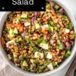 Pinterest image with photo of Mediterranean Lentil Salad.