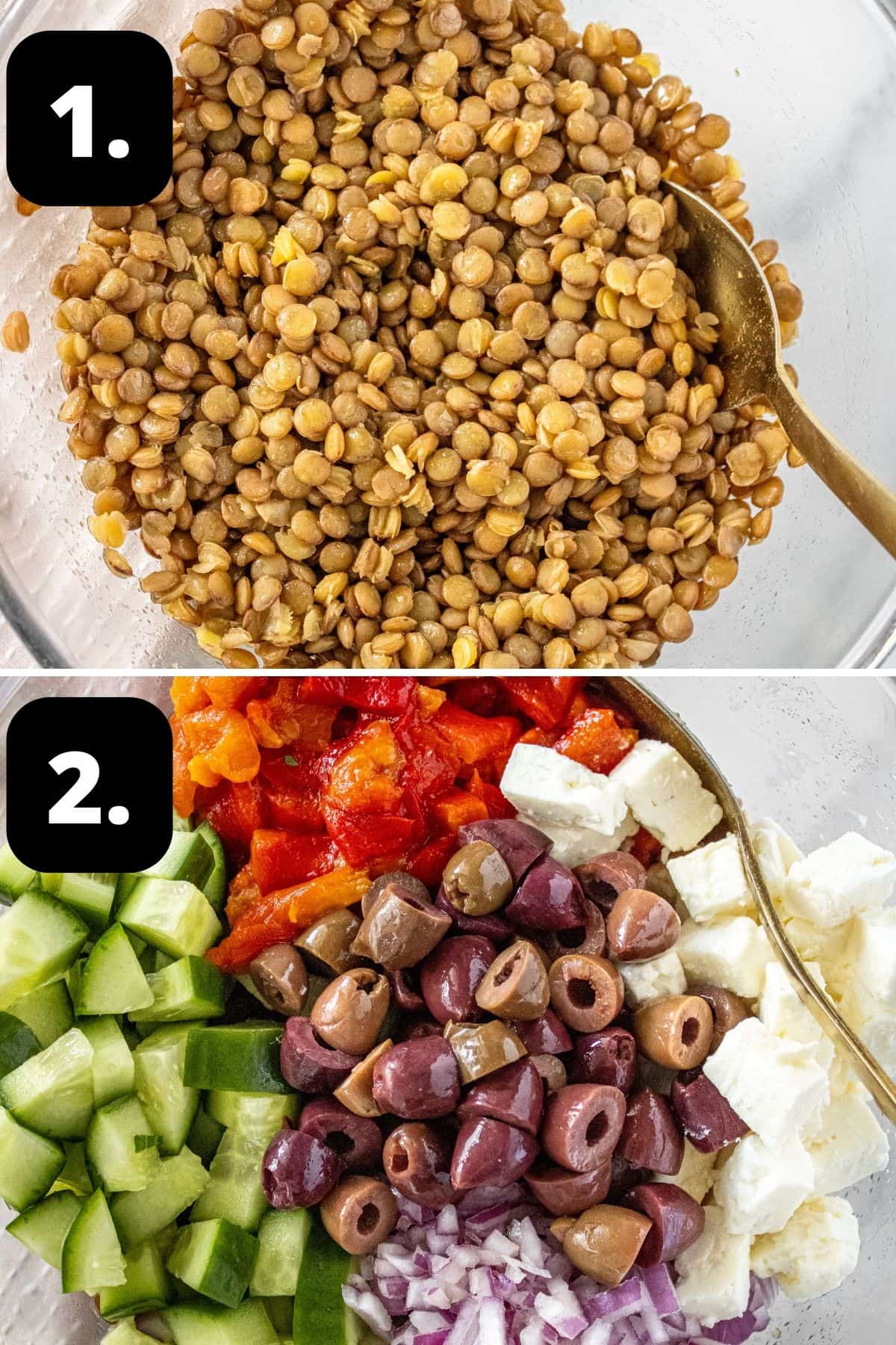 Steps 1-2 of preparing this recipe: the cooked lentils in a glass bowl and adding in the remaining ingredients.
