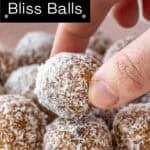 Pinterest image with photo of Peanut Butter Bliss Balls.