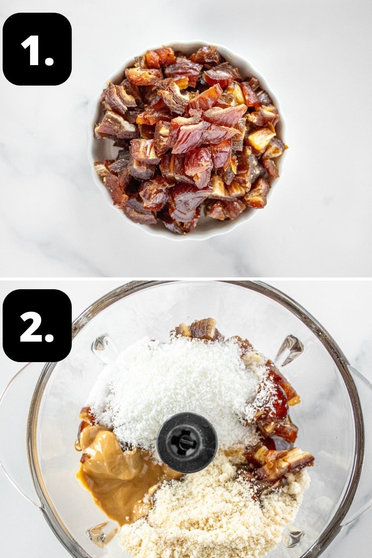Steps 1-2 of preparing this recipe: the cut up dates and all of the ingredients in a small food processor.