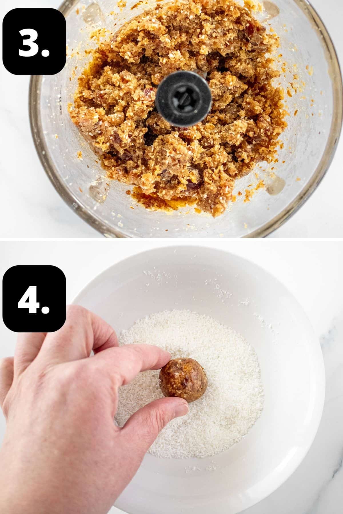 Steps 3-4 of preparing this recipe: the mixture blended up in the food processor, and a bliss ball being rolled in coconut.
