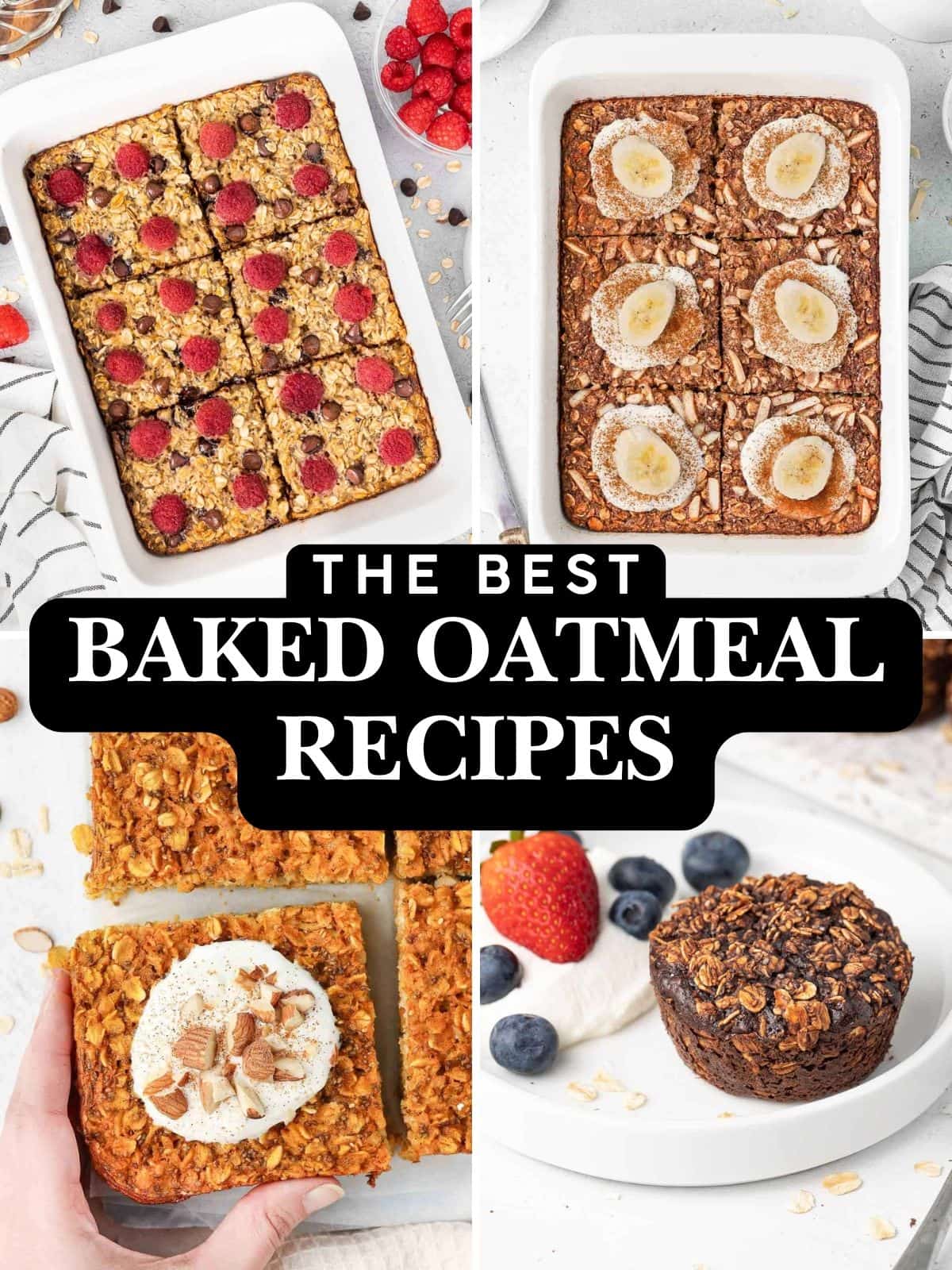 Photo collage of four baked oatmeal recipes: raspberry, banana, pumpkin and chocolate muffins.